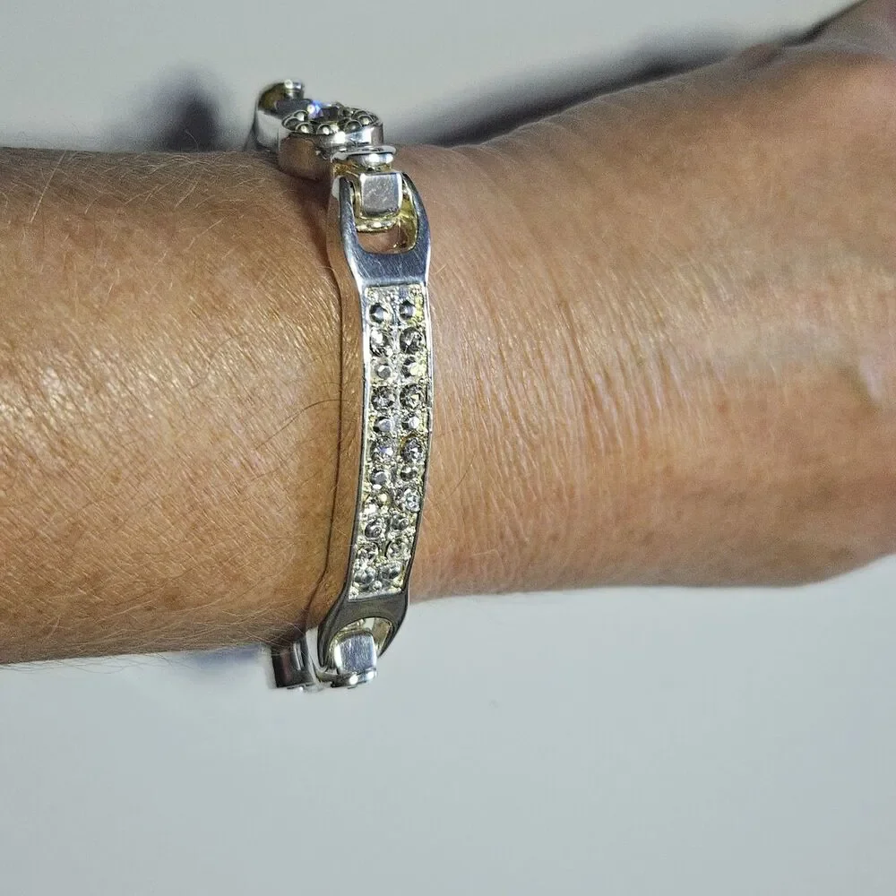 Vintage Silver Plated Clear Rhinestone Chunky Bracelet 8.25